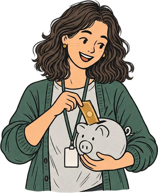 Illustration of a social worker dropping a banknote into a piggy bank