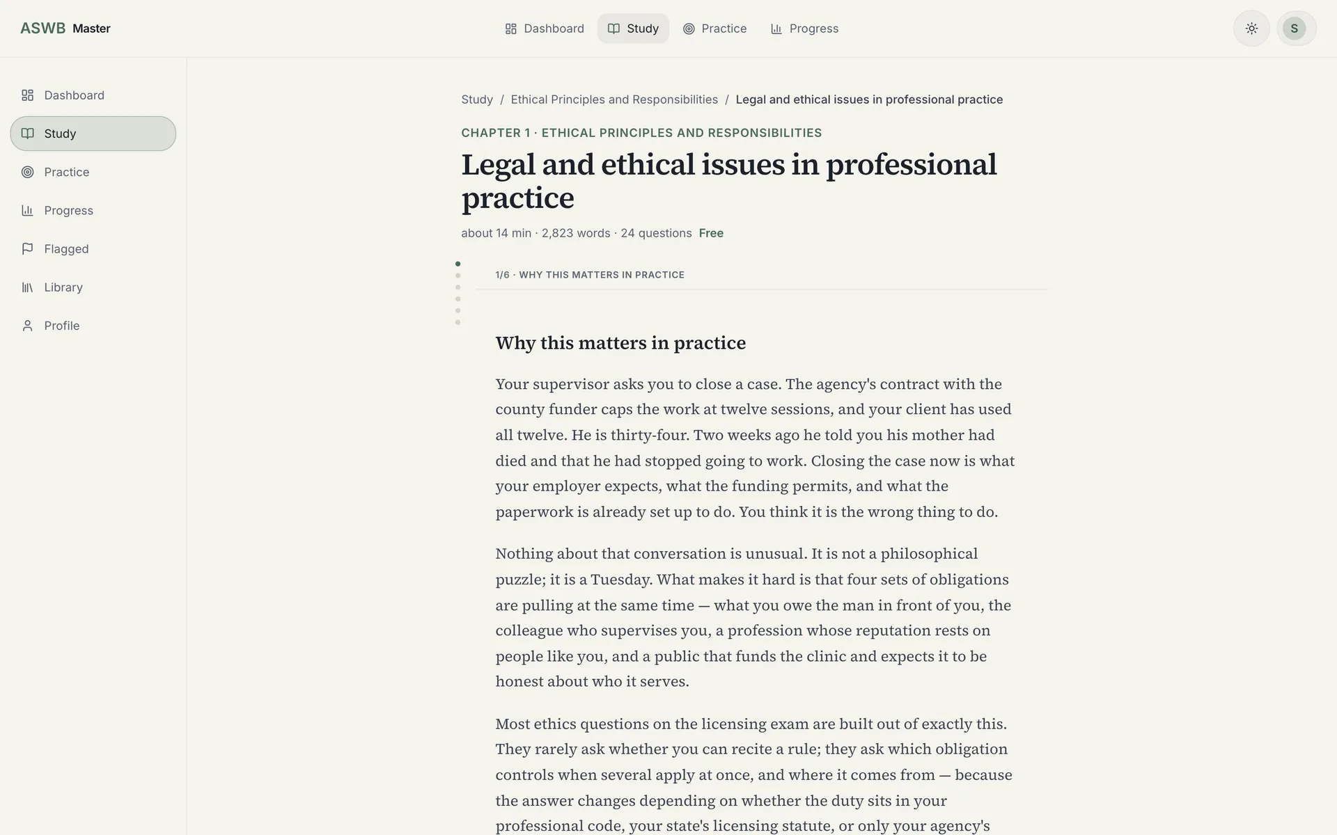 A written lesson in ASWB Master: the Informed consent lesson from the Legal and ethical issues chapter, with its sections and the chapter navigation.