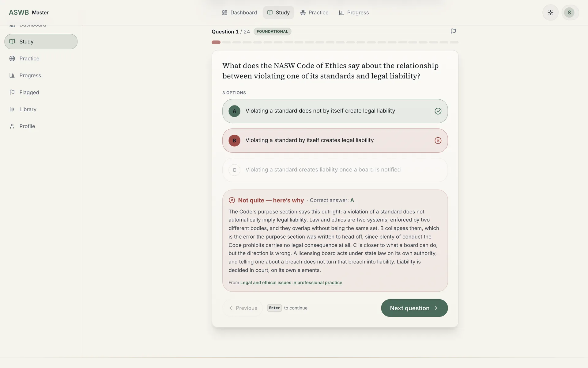 A lesson quiz in ASWB Master: a single-best-answer question with the chosen option marked, the correct answer highlighted and the rationale open underneath.